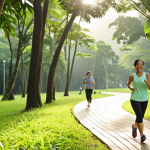 **A serene morning scene in a Malaysian park: A woman is happily jogging on a winding path surrounded by lush greenery. Sunlight filters through the trees, creating a sense of tranquility and well-being. In the background, other people are engaging in activities like Tai Chi and brisk walking.** (This image focuses on the physical and mental health benefits of green exercise.)