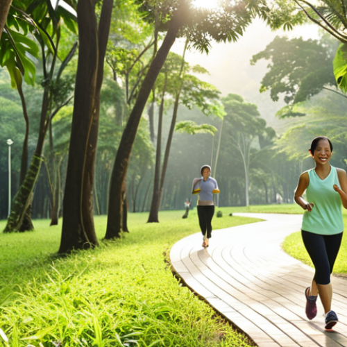 Home 4 **A serene morning scene in a Malaysian park: A woman is happily jogging on a winding path surrounded by lush greenery. Sunlight filters through the trees, creating a sense of tranquility and well-being. In the background, other people are engaging in activities like Tai Chi and brisk walking.** (This image focuses on the physical and mental health benefits of green exercise.)