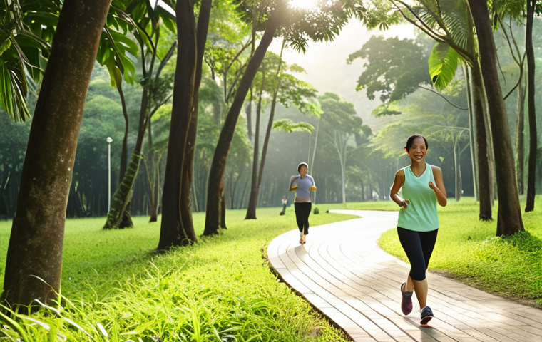 **A serene morning scene in a Malaysian park: A woman is happily jogging on a winding path surrounded by lush greenery. Sunlight filters through the trees, creating a sense of tranquility and well-being. In the background, other people are engaging in activities like Tai Chi and brisk walking.** (This image focuses on the physical and mental health benefits of green exercise.)